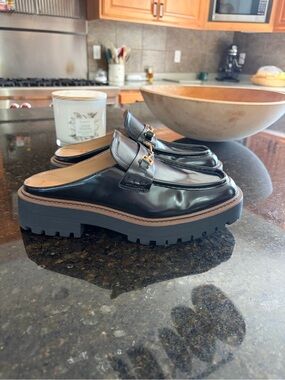 Sam Edelman Black Patent Mule Loafers with Gold Bit